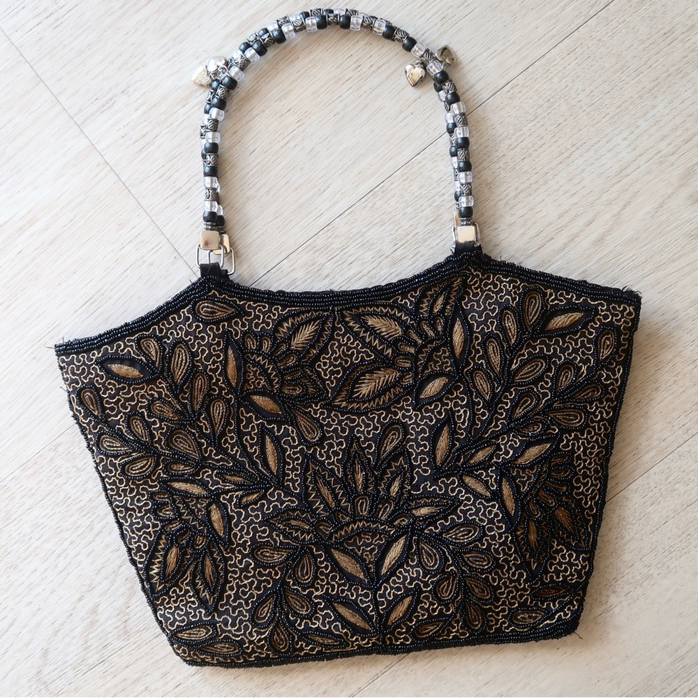 Vintage Embroidered Black & Gold Beaded Handle with Lockets Women's Tote